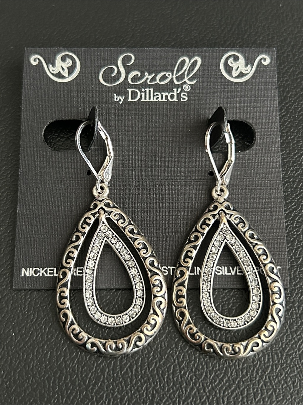 Silver Teardrop Filigree Earrings with Crystal Accents